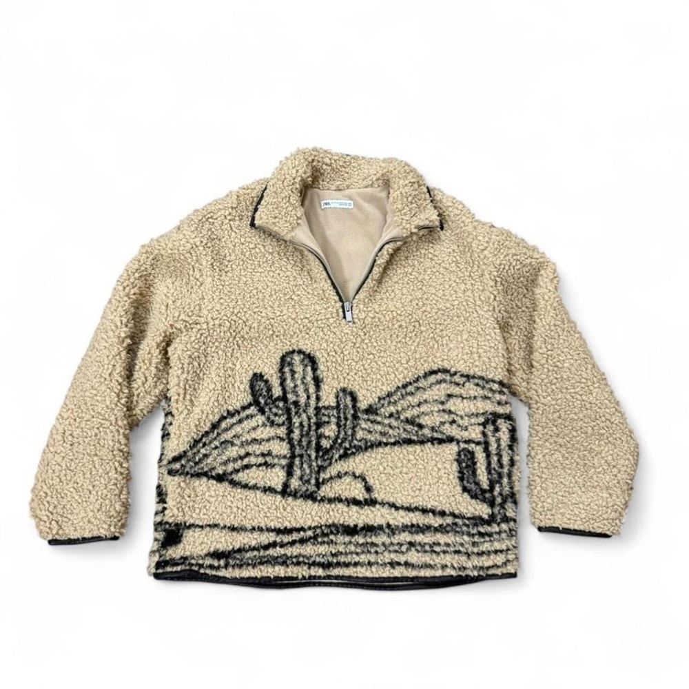 Zara Beige Sherpa Pullover with Black Cactus Design